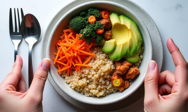 Overhead view of a beautifully arranged plate of healthy, colorful food.
