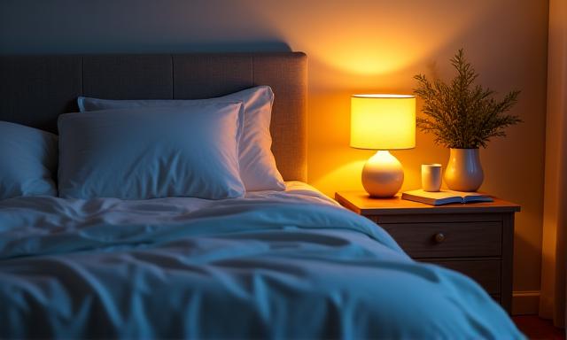 Cozy bedroom scene with soft lighting and an open book, suggesting peaceful sleep.