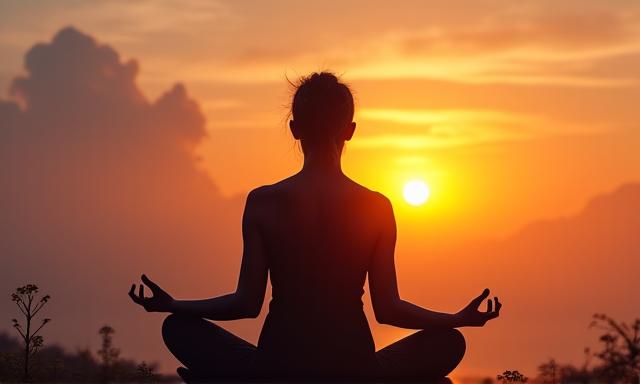 Person meditating calmly in a serene outdoor setting at sunset.